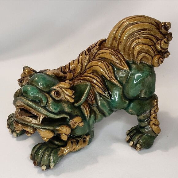 Chinese Foo Dogs, Pair, Green and brown, Unique, Rare - Picture 2 of 12